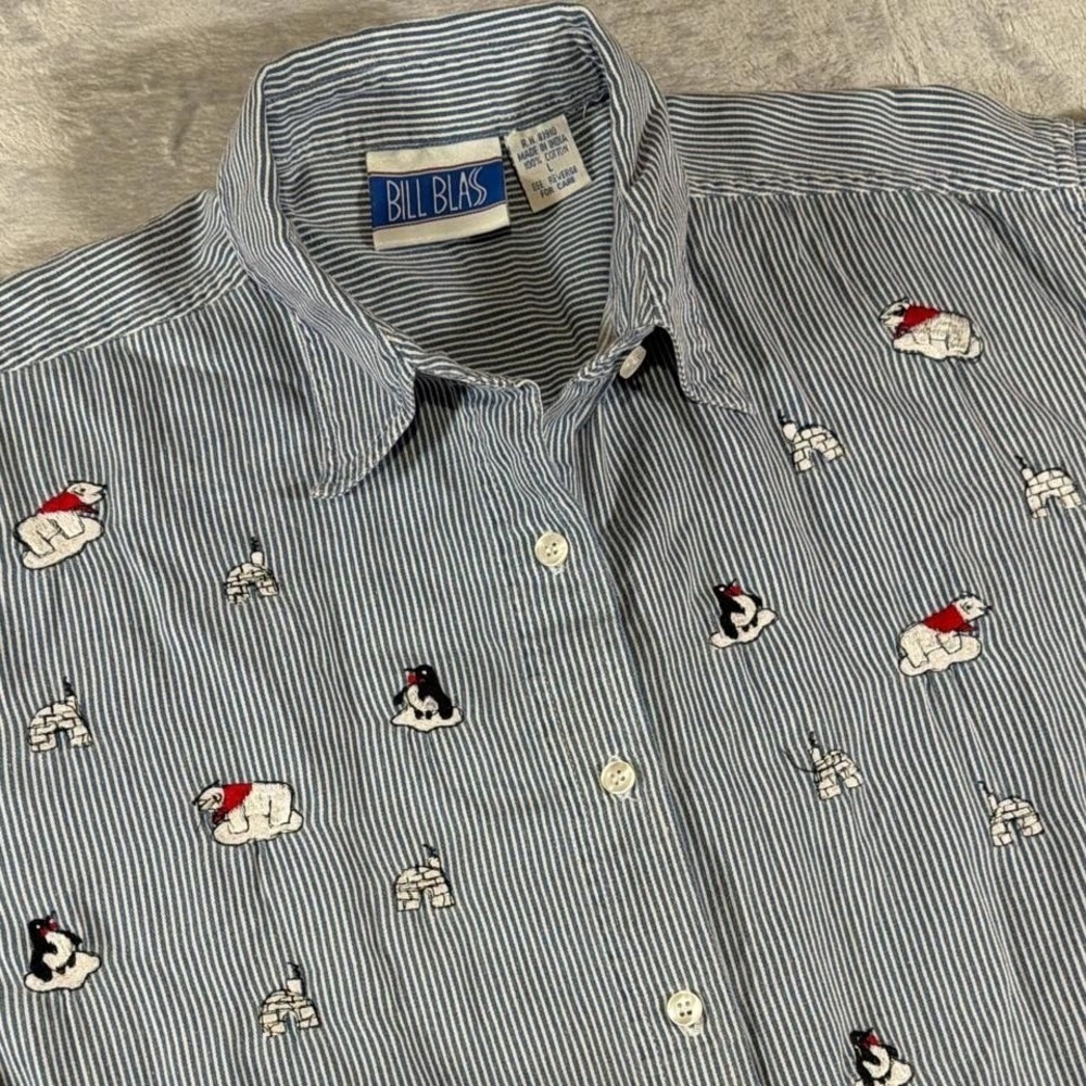 Rare 90s‎ Vintage Bill Blass Embroidered Shirt | Blue & White Stripe | Large